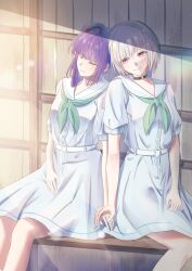 2girls aqua_neckerchief black_choker blue_dress bob_cut caricariume choker commentary_request diagonal_bangs dress feet_out_of_frame flower grey_hair hair_bun hair_flower hair_ornament hand_on_another&#039;s_hand hasu_no_sora_school_uniform highres holding_hands inverted_bob light_particles link!_like!_love_live! long_hair love_live! medium_dress multiple_girls neckerchief o-ring o-ring_choker on_bench otomune_kozue outdoors pleated_dress puffy_short_sleeves puffy_sleeves purple_hair red_flower red_hair sailor_collar school_uniform short_hair short_sleeves side_ponytail sidelocks single_side_bun sitting star_(symbol) star_hair_ornament virtual_youtuber white_sailor_collar yugiri_tsuzuri