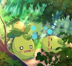 blush bubble closed_eyes commentary_request creatures_(company) day forest game_freak haru_(haruxxe) highres light_rays lying nature nintendo no_humans o_o on_side open_mouth outdoors pokemon pokemon_(creature) sleeping smoliv tree wavy_mouth zzz