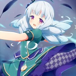 1girl 9law aikatsu!_(series) aikatsu_stars! argyle_clothes argyle_pantyhose blue_hair chain drill_hair flower hair_flower hair_ornament long_hair looking_at_viewer open_mouth pantyhose pocket_watch purple_eyes purple_pantyhose shirogane_lily skirt skirt_set solo split watch