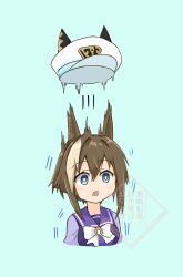 1girl :d animal_ears benikongou blue_eyes brown_hair cheval_grand_(umamusume) hat highres horse_ears horse_girl open_mouth sailor_hat school_uniform smile surprised tracen_school_uniform umamusume watermark