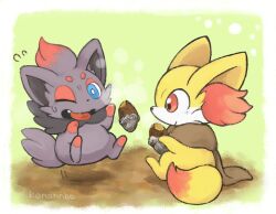 animal_focus blue_eyes bright_pupils burnt_tongue closed_mouth commentary_request fennekin flying_sweatdrops food full_body gen_5_pokemon gen_6_pokemon konanbo nintendo no_humans one_eye_closed open_mouth pokemon pokemon_(creature) red_eyes roasted_sweet_potato signature sweet_potato white_pupils zorua
