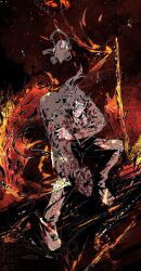 1boy bad_link blood blood_on_clothes blood_on_face blood_on_hands bloody_weapon boots brown_boots brown_hair brown_jacket brown_pants collared_shirt fire firefist_office_(identity)_(project_moon) gas_can gas_mask gauntlets glasses gregor_(project_moon) hair_flowing_over highres jacket jugiii12 limbus_company low_ponytail mask necktie orange_eyes orange_necktie outstretched_arm pants ponytail project_moon shirt smoke solo weapon white_shirt