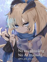 1girl absurdres black_gloves blonde_hair blue_eyes dragon_girl dragon_horns fingerless_gloves gloves goddess_of_victory:_nikke guillotine_(nikke) guillotine_(winter_slayer)_(nikke) hair_between_eyes highres horns long_hair looking_at_viewer one_eye_covered solo tu_pa_pa_pa