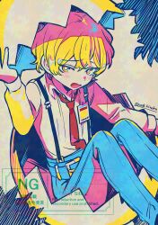 1boy blonde_hair blue_background blue_pants collared_shirt full_body limbus_company limited_palette long_sleeves looking_at_viewer male_focus medu_(rubish) necktie open_mouth pants project_moon red_necktie shell_casing shirt short_hair simple_background sinclair_(project_moon) sitting solo white_background white_shirt yellow_eyes