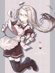 Rule 34 | 1girl, apron, black shirt, black shoes, black shorts, black thighhighs, blonde hair, blush, bowl, character name, commentary request, gakuen idolmaster, glasses, grey hair, hair ornament, hairclip, happy mille-feuille (idolmaster), heart, highres, holding, holding whisk, idolmaster, kyafu, long hair, looking at viewer, parted lips, puffy short sleeves, puffy sleeves, shinosawa hiro, shirt, shoes, short sleeves, shorts, simple background, solo, thighhighs, whipped cream, whisk, white apron, wrist cuffs, yellow eyes