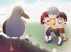 1girl 2boys aqua_eyes bird blue_eyes brown_hair child destiny_trio doodle_background dress frown grey_hair hakei hiding hiding_behind_another kairi_(kingdom_hearts) kingdom_hearts multiple_boys raised_fists red_hair riku_(kingdom_hearts) sandals scar scar_across_eye scar_on_face seagull shimagumi shirt short_hair sleeveless sleeveless_dress sleeveless_shirt sora_(kingdom_hearts) wristband