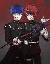 2boys ahoge armband belt belt_pouch black_coat black_jacket blood blood_on_clothes blood_on_face blood_on_hands blue_eyes blue_hair coat eyeliner eyepatch face_piercing facial_mark gloves hhhzhe highres holding holding_sword holding_weapon hole_in_chest hole_on_body jacket last_defense_academy_school_uniform makeup male_focus multicolored_hair multiple_boys omokage_yugamu parted_lips piercing pouch purple_eyes red_eyeliner red_hair school_uniform short_hair small_sweatdrop smile streaked_hair sumino_takumi sword teeth the_hundred_line_-last_defense_academy- thigh_strap weapon white_armband white_belt white_gloves