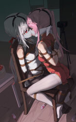 2girls absurdres arms_behind_back ball_gag bare_shoulders bdsm black_pantyhose blush bondage bound bound_arms bound_legs bound_together breast_bondage breasts china_dress chinese_clothes cloth_gag crotch_rope dress drooling elbow_gloves gag gag_under_mask gagged gloves grey_hair heart heart-shaped_pupils highres improvised_gag indoors long_hair multiple_girls no_shoes over_the_nose_gag pantyhose pink_hair ponytail red_eyes separated_legs shibari shibari_over_clothes side_ponytail sitting sitting_on_person skindentation small_breasts symbol-shaped_pupils very_long_hair white_gloves white_pantyhose wiffle_gag xiongmao