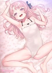 1girl absurdres armpits barefoot blush casual_one-piece_swimsuit commentary_request dancho_(dancyo) flat_chest highres long_hair looking_at_viewer lying melonbooks on_back one-piece_swimsuit original pink_hair purple_eyes smile smug solo spread_legs swimsuit white_one-piece_swimsuit