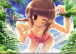 1girl :3 absurdres beach bikini blush braid breasts brown_eyes brown_hair cleavage cloud day female_focus highres ikegami_akane kimi_kiss large_breasts leaning_forward long_hair mizusawa_mao ocean one_eye_closed outdoors pink_bikini scan sky smile solo swimsuit twin_braids water wink