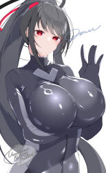 Rule 34 | 1girl, absurdres, arm under breasts, black bodysuit, black hair, blue archive, bodysuit, breasts, closed mouth, covered navel, highres, huge breasts, impossible bodysuit, impossible clothes, jam (jamjam777), long hair, official alternate costume, official alternate hairstyle, ponytail, red eyes, rio (blue archive), rio (bodysuit) (blue archive), sidelocks, solo