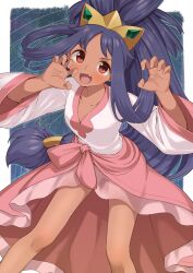1girl breasts child claw_pose cleavage clenched_hands collarbone couzone dark-skinned_female dark_skin dress fang female_focus fingernails flat_chest hands_up happy highres iris_(pokemon) knees legs long_dress long_hair long_sleeves looking_at_viewer low-tied_long_hair neck nintendo official_alternate_costume official_alternate_hairstyle open_clothes open_mouth open_skirt parted_bangs pink_dress pokemon pokemon_bw2 purple_hair red_eyes sidelocks skirt spread_legs standing star_(sky) starry_sky_background thighs tiara very_long_hair wide_sleeves