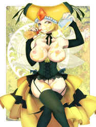 1girl blonde_hair breasts corset hat honey huge_breasts nipples personification pokemon thighhighs vespiquen wings yellow_eyes