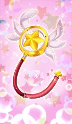 commentary fate/grand_order fate/kaleid_liner_prisma_illya fate_(series) kaleidostick lasengle magical_ruby no_humans object_focus official_art pink_background pink_theme sparkle star_(symbol) star_symbol_background third-party_source wand