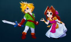 Rule 34 | 1boy, 1girl, aerith gainsborough, alternate costume, armor, belt, blonde hair, blue background, blue eyes, boots, bracelet, bracer, brown hair, chibi, cloud strife, cosplay, couple, dress, earrings, final fantasy, final fantasy vii, fingerless gloves, full body, gloves, green eyes, green tunic, hair ribbon, holding, holding sword, holding weapon, hollyfig, jewelry, leggings, link, link (cosplay), long dress, nintendo, parted bangs, parted lips, pink ribbon, princess zelda, princess zelda (cosplay), ribbon, shoulder armor, sidelocks, single earring, smile, spiked hair, square enix, sword, the legend of zelda, tiara, tunic, weapon, white dress