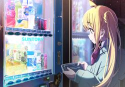 1girl ahoge aqua_hoodie blonde_hair bocchi_the_rock! can closed_mouth coca-cola fanta from_side highres holding hood hoodie ijichi_nijika long_hair long_sleeves monster_energy one_side_up oyaji_hime pocari_sweat profile red_eyes smile solo upper_body vending_machine