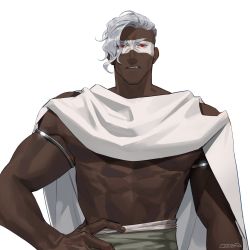 1boy abs ares ares_(hades) armband artist_name bara belt biceps cape capelet dark-skinned_male dark_skin fang frown hades_(series) hades_1 hand_on_own_hip highres looking_at_viewer male_focus manly muscular muscular_arms muscular_male navel o3tofu open_mouth paint paint_on_body pants pectorals red_eyes silver_hair solo upper_body