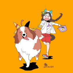 Rule 34 | &gt; &lt;, 1girl, animal ears, animalization, border collie, braid, brown hair, commentary request, copano rickey (umamusume), dog, ear covers, full body, hat, hokko tarumae (umamusume), holding, holding leash, horse ears, horse girl, horse tail, leash, long hair, looking at viewer, multicolored hair, onikobe rin, open mouth, orange background, red shoes, red shorts, running, shirt, shoes, shorts, simple background, single ear cover, solo, tail, tongue, tongue out, two-tone hair, umamusume, white hair, white hat, white shirt