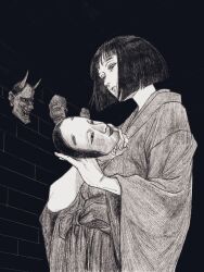 1girl black_hair dark demon_horns dress greyscale highres holding holding_mask horns japanese_clothes kimono long_sleeves mask monochrome noh_mask original shadow short_hair solo tp_p_pt upper_body