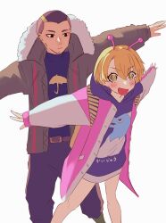 Rule 34 | 1boy, 1girl, alien, antennae, belt, belt buckle, black hair, blonde hair, blush, brown jacket, buckle, dandadan, ear piercing, facial hair, feet out of frame, fur-trimmed jacket, fur trim, highres, hood, hood down, hoodie, jacket, long sleeves, open clothes, open jacket, open mouth, outstretched arms, pants, piercing, pink jacket, rinne (d93ggrs), short hair, sleeves past wrists, unji zuma, vamola (dandadan), very short hair, white background