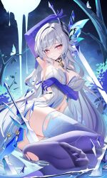 1girl absurdres arm_under_breasts armpits ass blush breasts dress feet genshin_impact gloves gradient_gloves gradient_thighhighs highres holding holding_sword holding_weapon jndfh large_breasts long_hair looking_at_viewer navel night night_sky no_shoes parted_lips purple_gloves purple_thighhighs sitting skirk_(genshin_impact) sky solo stomach sword thighhighs weapon white_dress white_hair yokozuwari