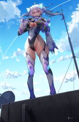 Rule 34 | 1girl, absurdres, ahoge, artist name, black gloves, black leotard, blue sky, bodysuit, boots, breasts, cleavage, cleavage cutout, clothing cutout, cloud, covered mouth, covered navel, day, detached sleeves, from below, full body, gloves, glowing, glowing eyes, grey hair, hair between eyes, highleg, highleg leotard, highres, humanization, hydrasia (natsukaze shigure), impossible bodysuit, impossible clothes, large breasts, leotard, long hair, looking at viewer, magical girl, medium breasts, natsukaze shigure, original, outdoors, pink eyes, red eyes, signature, skin tight, skindentation, sky, solo, standing, thigh boots, thighhighs, thighs, twintails, underboob cutout, variant set, white hair