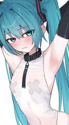 1girl aqua_eyes aqua_hair armpits arms_up black_collar blush breasts collar commentary_request covered_navel cross cross_pasties double-parted_bangs elbow_gloves gloves hair_between_eyes hair_intakes hatsune_miku highres looking_at_viewer open_mouth pasties see-through_clothes shirt sidelocks sleeveless sleeveless_shirt small_breasts solo thinker25075754 twintails vocaloid white_shirt