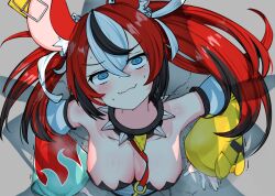 1girl absurdres anger_vein animal_ears bare_shoulders black_hair blue_eyes breasts cleavage closed_mouth collar detached_sleeves hakos_baelz hakos_baelz_(1st_costume) highres hololive hololive_english irys_(hololive) large_breasts mouse_ears mouse_girl multicolored_hair nobarts red_hair shadow solo spiked_collar spikes streaked_hair through_wall two_side_up virtual_youtuber white_hair