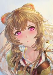 Rule 34 | absurdres, animal ears, armor, billy gulliano, breastplate, breasts, brown hair, cleavage, closed mouth, collarbone, collared dress, commentary, dress, english commentary, eyelashes, gold trim, hair between eyes, high collar, highres, leather armor, light frown, long hair, medium breasts, pauldrons, pink eyes, portrait, raccoon ears, raccoon girl, raphtalia, shoulder armor, simple background, single pauldron, striped clothes, striped dress, tate no yuusha no nariagari, vertical-striped clothes, vertical-striped dress, white background, white dress