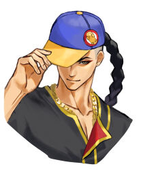 Rule 34 | 1boy, adjusting clothes, adjusting headwear, arm up, baseball cap, black hair, black shirt, braid, chain, chain necklace, closed eyes, collarbone, cosplay, cropped torso, dark-skinned male, dark skin, ear piercing, earrings, eyeliner, gold chain, grey eyes, hat, jamie siu, jewelry, long braid, looking at viewer, makeup, male focus, multicolored hat, necklace, one eye covered, pectoral cleavage, pectorals, piercing, red eyeliner, shirt, single braid, smile, solo, street fighter, street fighter 6, upper body, utsuse, white background, yun lee, yun lee (cosplay)