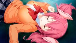 1girl bow bowtie breasts closed_eyes huge_breasts long_sleeves lying moe!_ninja_girls momochi_myu official_art on_back on_grass open_mouth outdoors pink_hair red_bow red_bowtie school_uniform second-party_source short_twintails skirt sleeping sleeves_past_wrists solo twintails