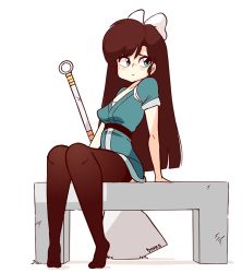 1girl animated animated_gif aqua_eyes aqua_kimono artist_name black_hair black_thighhighs blush bow breasts cameltoe chair cleavage closed_mouth collarbone crossed_legs diives english_text female_focus full_body hair_bow heart huge_weapon japanese_clothes kimono knees_together_feet_apart kuonji_ukyou leg_up long_hair looking_at_viewer looking_to_the_side medium_breasts open_mouth panties ranma_1/2 sash short_sleeves signature simple_background sitting solo spatula spoken_heart spread_legs talking text_focus thighhighs underwear upskirt weapon white_background white_bow white_panties