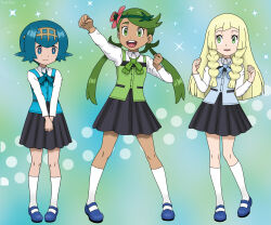 Rule 34 | 3girls, aqua eyes, arm up, ascot, blonde hair, blue eyes, blue hair, braid, clenched hands, dark-skinned female, dark skin, dynamic pose, eyelashes, fankifalu, female focus, flat chest, flower, full body, gradient background, green eyes, green hair, hair flower, hair ornament, hands up, happy, height difference, highres, knees, lana (pokemon), legs, lillie (pokemon), long hair, long sleeves, looking at another, looking up, low twintails, mallow (pokemon), mary janes, matching hair/eyes, medium hair, multiple girls, nintendo, open mouth, outstretched arms, own hands together, pigeon-toed, pokemon, pokemon sm, school uniform, shoes, side braids, sidelocks, smile, socks, standing, swept bangs, twintails, v arms
