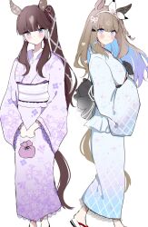 2girls almond_eye_(umamusume) animal_ears back_bow bag blue_eyes blue_kimono blush bow bow_hairband brown_hair commentary_request ear_covers feet_out_of_frame floral_print floral_print_kimono gloves hairband handbag highres horse_ears horse_girl horse_tail japanese_clothes kimono lace lace-trimmed_gloves lace-trimmed_kimono lace_trim long_hair looking_at_viewer lucky_lilac_(umamusume) multiple_girls obi obijime pof_(peuplierpof) print_kimono purple_kimono sash simple_background single_ear_cover standing star_(symbol) star_print tail umamusume white_background white_bow white_hairband yukata