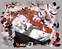 2girls alice_(alice_in_wonderland) alice_in_wonderland black_ribbon card cheshire_cat_(alice_in_wonderland) closed_eyes closed_mouth coffin crying cup dress eyelashes eyeshadow flower highres hug key lips long_hair long_sleeves looking_at_viewer lying makeup multiple_girls original picture_frame pink_eyeshadow playing_card pocket_watch red_eyes red_flower red_lips red_rose ribbon rose short_eyebrows teacup teapot watch white_flower yukikoutya