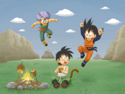 3boys :d absurdres black_eyes black_hair blouse blue_eyes blue_hair brothers child cloud commentary commission commissioner_upload cooking day dragon_ball eating english_commentary floating flying food grass hair_between_eyes highres looking_at_another male_focus meat midair mitsui_jun mountain multiple_boys open_mouth outdoors science_fiction second-party_source shirt short_hair siblings sky sleeveless sleeveless_shirt smile son_gohan son_goten spiked_hair stick stone time_paradox trunks_(dragon_ball)