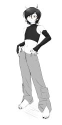 Rule 34 | 1girl, absurdres, barefoot, black hair, black nails, cabronpr, closed mouth, crop top, ear piercing, elbow gloves, feet, female focus, fingerless gloves, flat chest, full body, gloves, hair between eyes, highres, looking at viewer, midriff, monochrome, nail polish, navel, orange eyes, original, piercing, shirt, short hair, simple background, sleeveless, sleeveless shirt, solo, spot color, standing, toenail polish, toenails, toes, white background