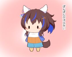 1girl animal_ears blue_hair blue_shorts blush_stickers brown_hair brown_socks daitaku_helios_(umamusume) full_body gomashio_(goma_feet) hair_ornament hairclip horse_ears horse_girl horse_tail kneehighs long_sleeves multicolored_hair pink_background raglan_sleeves shirt shorts side_ponytail sleeves_past_wrists socks solo standing star_(symbol) star_hair_ornament streaked_hair tail translation_request umamusume white_shirt |_|