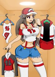 1girl alternate_costume baseball_cap bimbofication breasts cleavage clothes_lift genderswap genderswap_(mtf) hat highres jeans_shorts long_hair makeup nintendo no_bra one-piece_swimsuit pedroaraujo pokemon pokemon_rgby pokemon_sm red_(pokemon) red_(pokemon_sm) short_shorts shorts swimsuit