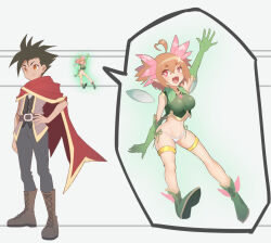 1boy 1girl ahoge belt black_hair boots breasts bright_pupils brown_hair cape detached_sleeves eropiero fairy fang full_body gold grey_background hand_on_own_hip heart heart_ahoge medium_breasts navel open_mouth orange_eyes original panties red_eyes size_difference smile soles tall_male underwear white_pupils