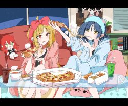 2girls absurdres ahoge animal_ears aqua_jacket aqua_pants black_shirt blonde_hair blue_hair bocchi_the_rock! book bookshelf bow character_doll cheese cheese_trail chicken_(food) chicken_leg couch crumbs cup doll dora_one7 drinking_straw earrings eating fake_animal_ears food gotoh_hitori gotoh_hitori_(tsuchinoko) hair_bow highres holding holding_food holding_pizza ijichi_nijika jacket jewelry kita_ikuyo long_hair medium_hair multiple_girls night night_sky open_clothes open_jacket open_mouth pants pink_jacket pizza pizza_box polka_dot polka_dot_bow red_bow red_eyes shirt side_ponytail sitting sky star_(sky) stud_earrings yamada_ryo