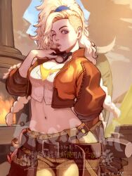 1girl 5tatsu arm_behind_back blonde_hair blue_eyes bra braid breasts brown_jacket cleavage cowboy_shot crop_top cropped_jacket gemma_(monster_hunter_wilds) goggles goggles_around_neck hammer highres holding holding_hammer jacket leather leather_jacket long_hair looking_at_viewer medium_breasts midriff monster_hunter_(series) monster_hunter_wilds multiple_braids navel one_eye_closed pants puckered_lips shirt side_ponytail solo swept_bangs underwear wavy_hair white_shirt wide_ponytail yellow_bra yellow_pants