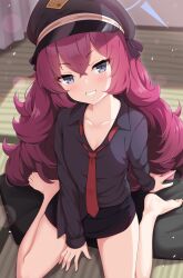 1girl absurdres bare_legs barefoot black_shirt black_skirt blue_archive blush enru grin halo hat highres indoors iroha_(blue_archive) loli long_hair looking_at_viewer loose_necktie messy_hair necktie open_mouth peaked_cap red_hair red_necktie shirt skirt smile solo tatami toes very_long_hair