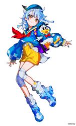 1girl beret blue_hair blue_hat blue_nails blue_sailor_collar blue_shirt blue_shoes bow bowtie braid closed_mouth commentary_request disney donald_duck full_body grey_hair hat highres knee_sleeve long_sleeves loose_socks mickey_mouse_&amp;_friends mika_pikazo multicolored_hair nail_polish neckerchief orange_eyes original puffy_long_sleeves puffy_sleeves red_bow red_bowtie red_neckerchief sailor_collar sailor_shirt shirt shoes short_shorts shorts simple_background sleeves_past_wrists smile socks streaked_hair twin_braids white_background white_socks yellow_shorts