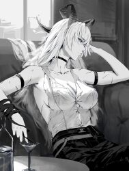 1girl absurdres arm_strap bare_shoulders black_choker bottle breasts button_gap choker cleavage closed_mouth collarbone couch cup curled_horns drinking_glass greyscale highres horns indoors large_breasts long_hair looking_to_the_side luxearte monochrome necktie_around_wrists on_couch pants scar scar_on_arm shirt shirt_tucked_in sitting solo torn_clothes torn_shirt window wuthering_waves zani_(wuthering_waves)