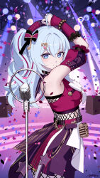 1girl absurdres ai_dongdong bare_shoulders black_bow blue_hair bow closed_mouth detached_sleeves fishnets hair_between_eyes hand_up highres honkai_(series) honkai_impact_3rd long_hair looking_at_viewer microphone_stand multicolored_hair official_alternate_costume pink_bow shigure_kira shigure_kira_(tonight&#039;s_my_time!) short_sleeves smile solo stage_lights streaked_hair