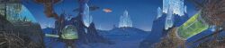 architecture blue_sky building city_lights crystal desert from_behind highres landscape liquid long_image machine machinery moebius mountain nature night original outdoors rock scenery science_fiction sky stasis_tank ufo vat very_wide_shot wide_image