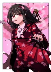 Rule 34 | 1girl, black hair, bob cut, border, cherry blossom (e.g.o), cigarette, collared shirt, floral print, flower, hair ornament, hairclip, hand fan, holding, holding fan, jacket, limbus company, long sleeves, looking at viewer, myomyomyo114, necktie, pants, pink background, pink flower, project moon, purple jacket, purple pants, red eyes, ryoshu (project moon), shirt, short hair, simple background, smoking, solo, standing, upper body, white border, white necktie, white shirt