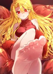 1girl barefoot blonde_hair blush breasts cushion don_quixote_(project_moon) dress feather_boa feet foot_focus from_below highres large_breasts leg_up limbus_company long_hair looking_at_viewer microdress open_mouth pmchell_04 project_moon red_eyes sancho_(project_moon) simple_background sitting sleeveless slit_pupils solo sweat