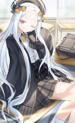 1girl abigail_williams_(fate) absurdres bag bandaid bandaid_on_face bandaid_on_forehead bow bowtie cardigan chinese_commentary classroom collared_shirt commentary_request desk expressionless fate/grand_order fate_(series) flat_chest hat highres long_hair looking_at_viewer miyu10366 one_eye_closed open_cardigan open_clothes red_eyes school_desk school_uniform shirt skirt sleeves_past_fingers sleeves_past_wrists solo tongue tongue_out very_long_hair white_hair